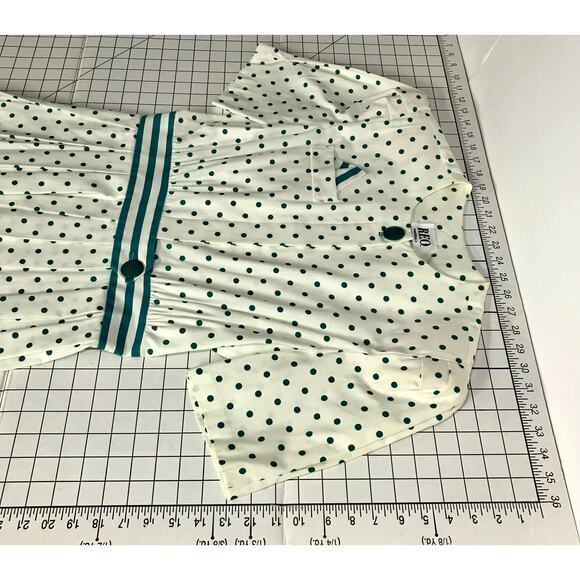 REO Originals Vintage 80s Preppy Short Sleeve Pleated Green Polka Dot Dress 12 - Picture 12 of 14